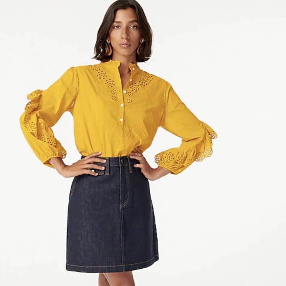 J. Crew Ruffle Sleeve Embroidered Eyelet Top in Bronzed Ochre